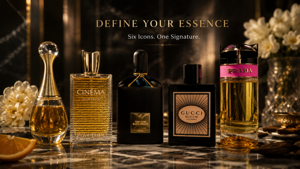 Best Ladies branded perfumes like tom ford black orchid,gucci bloom with black & white stylish backround  
