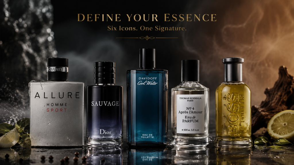 Luxury men’s summer perfumes including Dior Sauvage, Cool Water, and Thomas Kosmala bottles displayed with a dark black foggy background.
