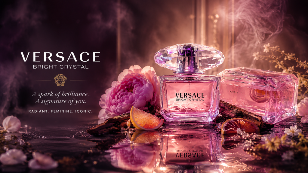 Versace Bright Crystal pink perfume bottle with beautiful pink and black backround with sparkling crystals and soft floral back view