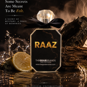 Close up of perfumes bottle containing sleek, modern premium perfume brand Raaz By The Grab.