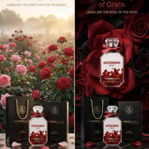 Three bottles of perfume with floral design in pink and red color, surrounded by floral pattern in background on a luxury frame that emphasizes beauty and romance.