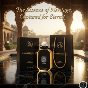 Clean honey inspired background with Honey Kiss By The Grab Brands perfume bottle back side with barcode and matching box.