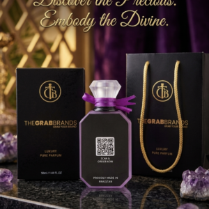 A classic elegant background with Queen By The Grab Brands perfume back side and matching box and barcode.