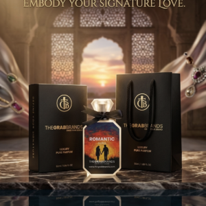 “Romantic Aura by The Grab Brands perfume bottle front view with elegant luxury packaging, premium fragrance design and romantic aesthetic.”