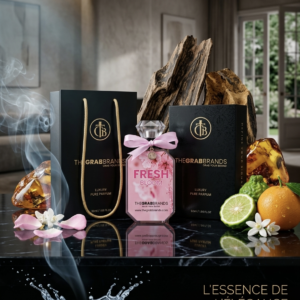 Front of Fresh Bloom By The Grab Brands perfume bottle with fresh citrus fruits in the background