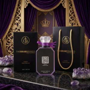 A classic elegant background with Queen By The Grab Brands perfume back side and matching box and barcode.