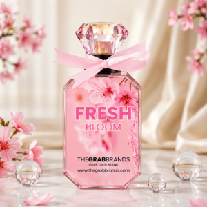 Soft and luxurious frontview of the Fresh Bloom By The Grab Brands Perfume with delicate floral background in a pink hue.